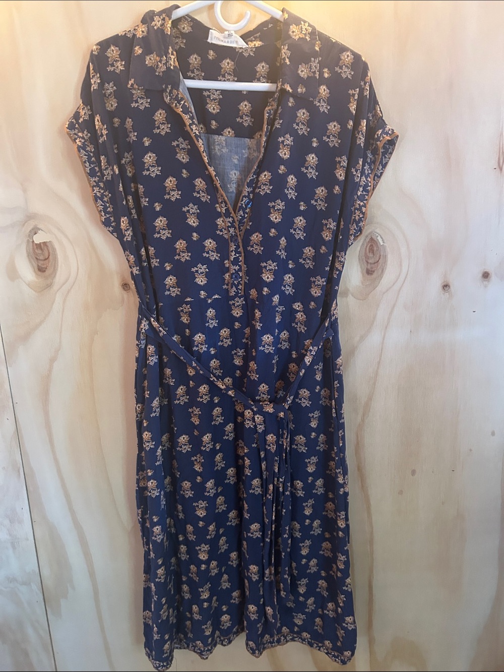 Lucky Brand Navy Dress with cap sleeve, Floral Print and Tie Waist with pocket